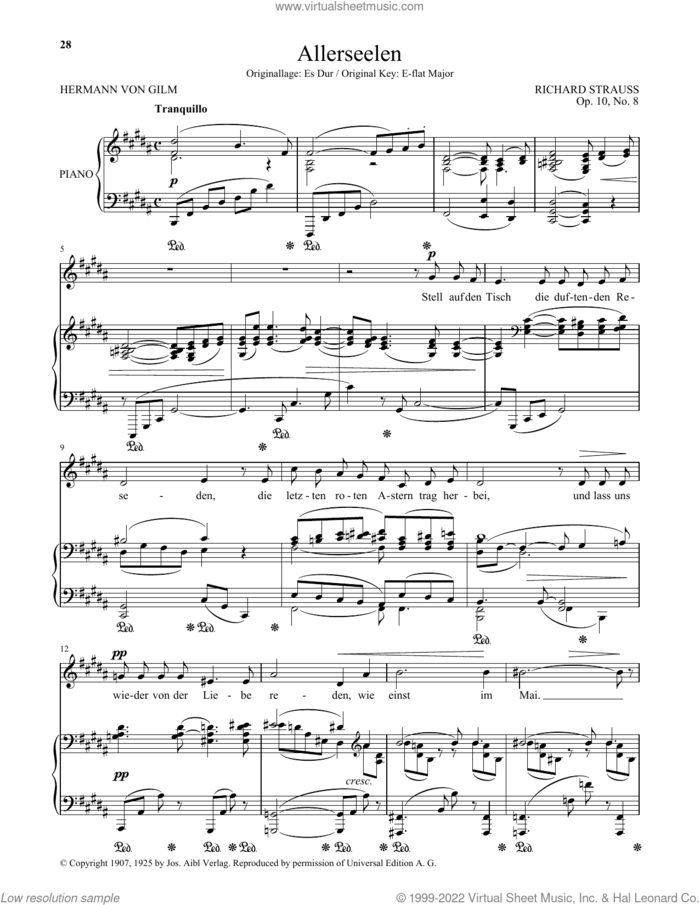 Allerseelen (Low Voice) sheet music for voice and piano (Low Voice) by Richard Strauss and Hermann von Gilm, classical score, intermediate skill level