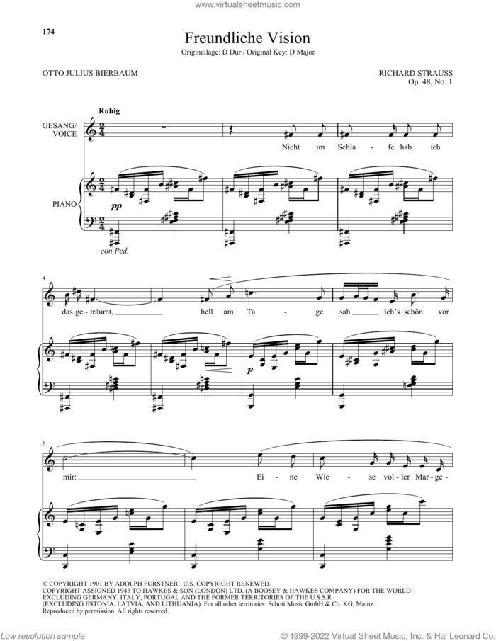 Freundliche Vision (Low Voice) sheet music for voice and piano (Low Voice) by Richard Strauss and Otto Julius Bierbaum, classical score, intermediate skill level