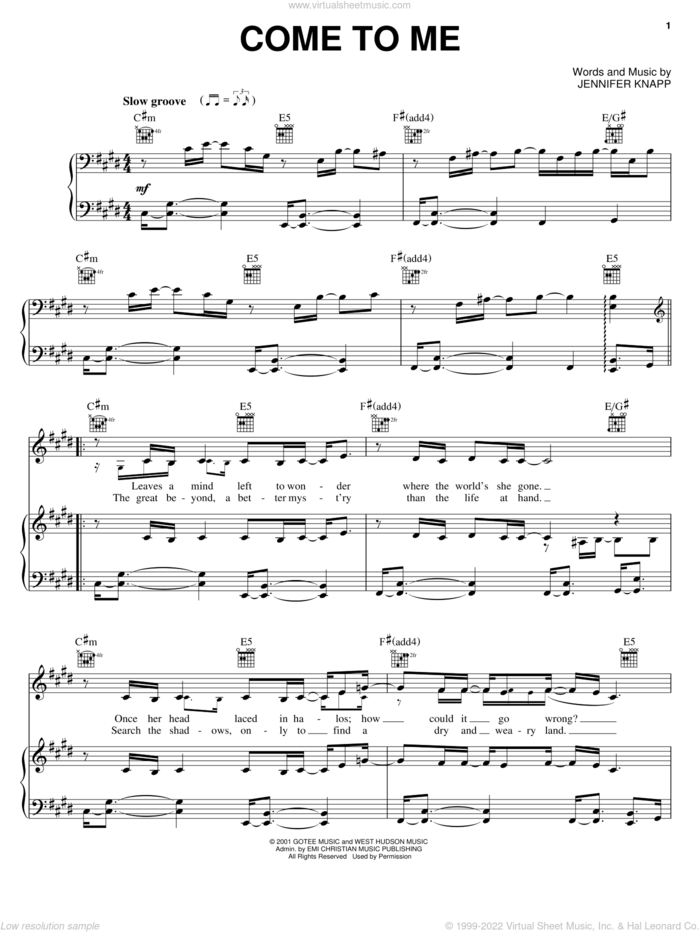 Come To Me sheet music for voice, piano or guitar by Jennifer Knapp, intermediate skill level