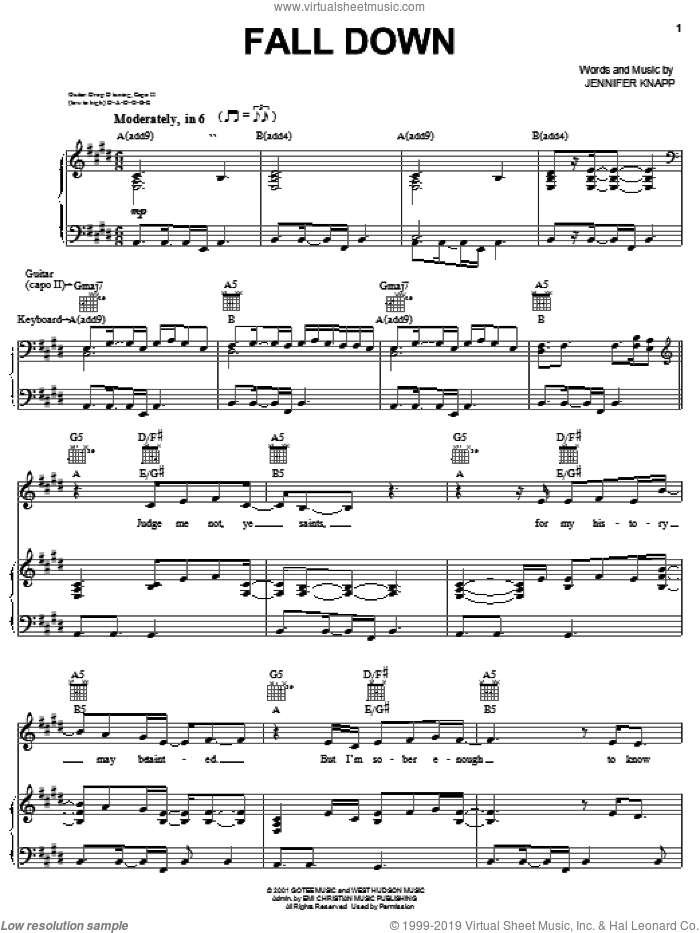 Fall Down sheet music for voice, piano or guitar by Jennifer Knapp, intermediate skill level