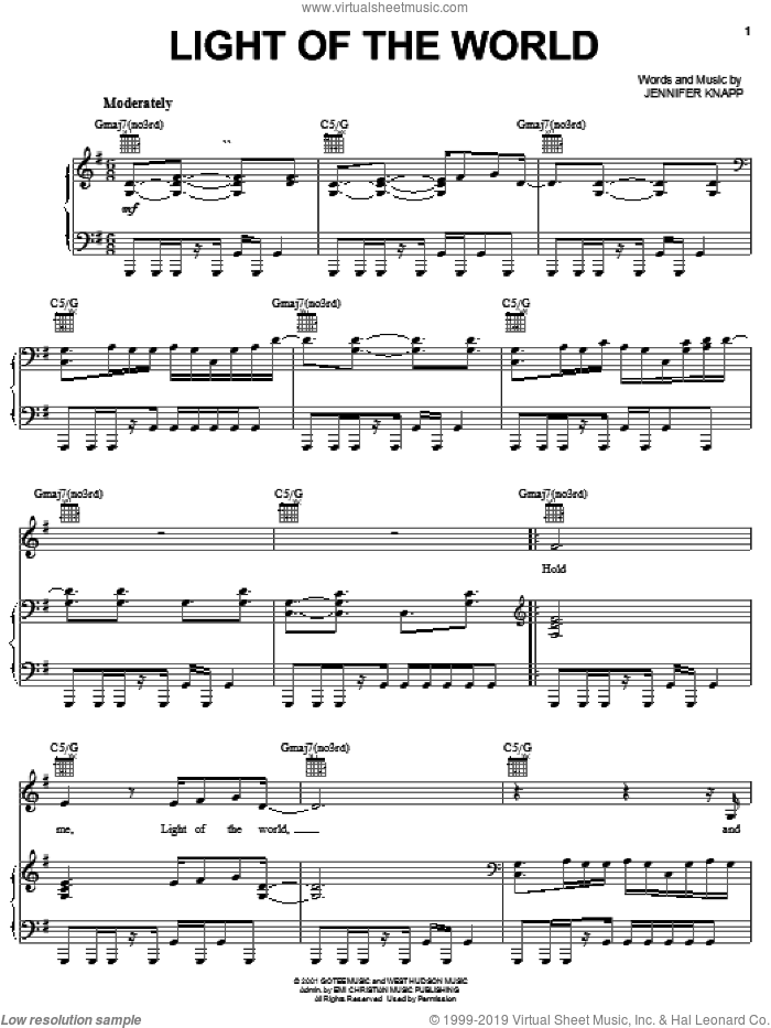 Light Of The World sheet music for voice, piano or guitar by Jennifer Knapp, intermediate skill level