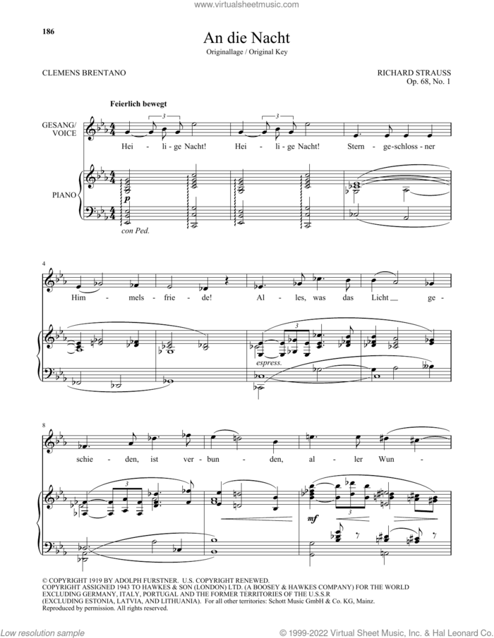 An Die Nacht (High Voice) sheet music for voice and piano (High Voice) by Richard Strauss and Clemens Brentano, classical score, intermediate skill level