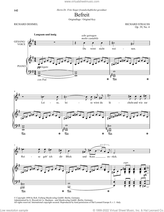 Befreit (High Voice) sheet music for voice and piano (High Voice) by Richard Strauss and Richard Dehmel, classical score, intermediate skill level