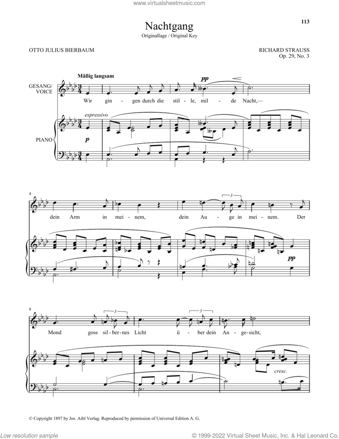 Nachtgang (High Voice) sheet music for voice and piano (High Voice) by Richard Strauss and Otto Julius Bierbaum, classical score, intermediate skill level