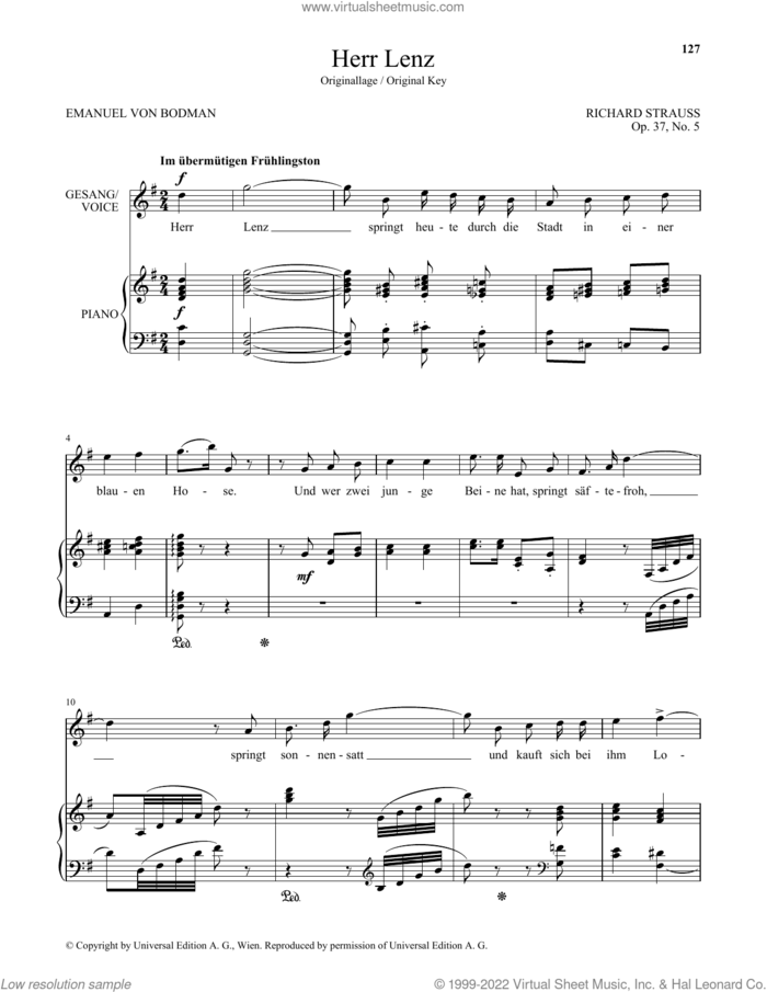 Herr Lenz (High Voice) sheet music for voice and piano (High Voice) by Richard Strauss and Emanuel von Bodman, classical score, intermediate skill level
