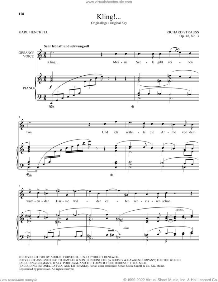 Kling! (High Voice) sheet music for voice and piano (High Voice) by Richard Strauss and Karl Henckell, classical score, intermediate skill level