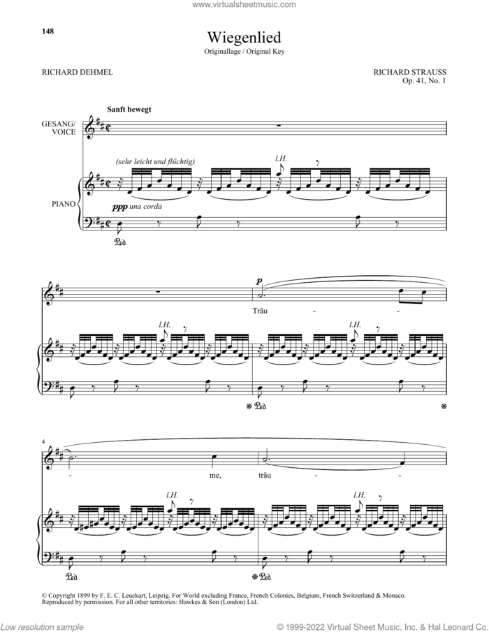 Wiegenlied (High Voice) sheet music for voice and piano (High Voice) by Richard Strauss and Richard Dehmel, classical score, intermediate skill level