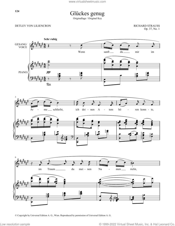Gluckes Genug (High Voice) sheet music for voice and piano (High Voice) by Richard Strauss and Detlev von Liliencron, classical score, intermediate skill level