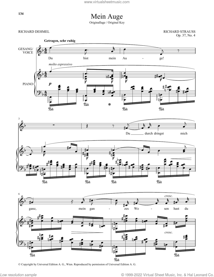 Mein Auge (High Voice) sheet music for voice and piano (High Voice) by Richard Strauss and Richard Dehmel, classical score, intermediate skill level