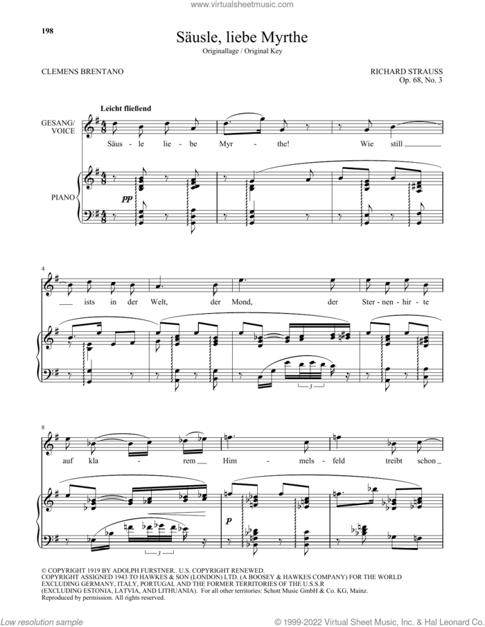 Sausle, Liebe Myrthe (High Voice) sheet music for voice and piano (High Voice) by Richard Strauss and Clemens Brentano, classical score, intermediate skill level