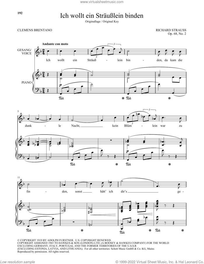 Ich Wollt Ein Strausslein Binden (High Voice) sheet music for voice and piano (High Voice) by Richard Strauss and Clemens Brentano, classical score, intermediate skill level
