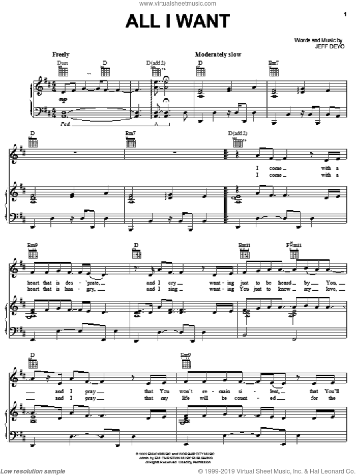 All I Want sheet music for voice, piano or guitar by Jeff Deyo, intermediate skill level