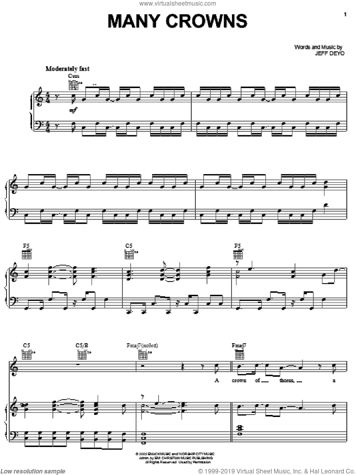 Many Crowns sheet music for voice, piano or guitar by Jeff Deyo, intermediate skill level
