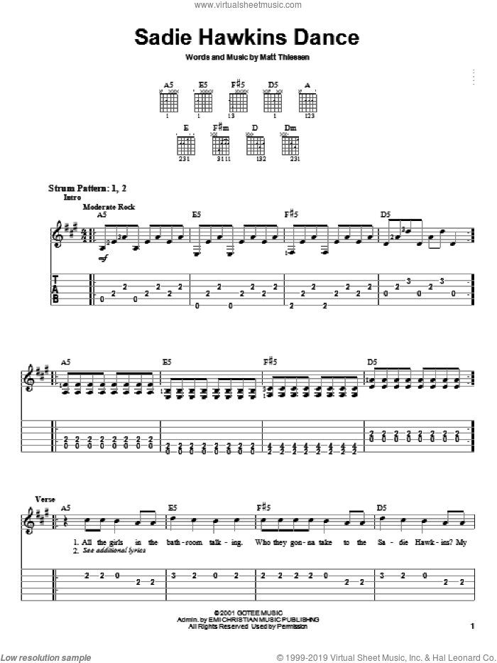 Sadie Hawkins Dance sheet music for guitar solo (easy tablature) by Relient K and Matt Theissen, easy guitar (easy tablature)