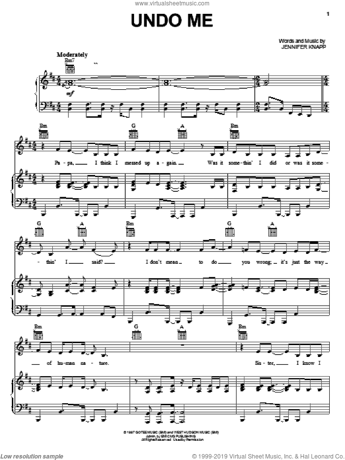 Undo Me sheet music for voice, piano or guitar by Jennifer Knapp, intermediate skill level