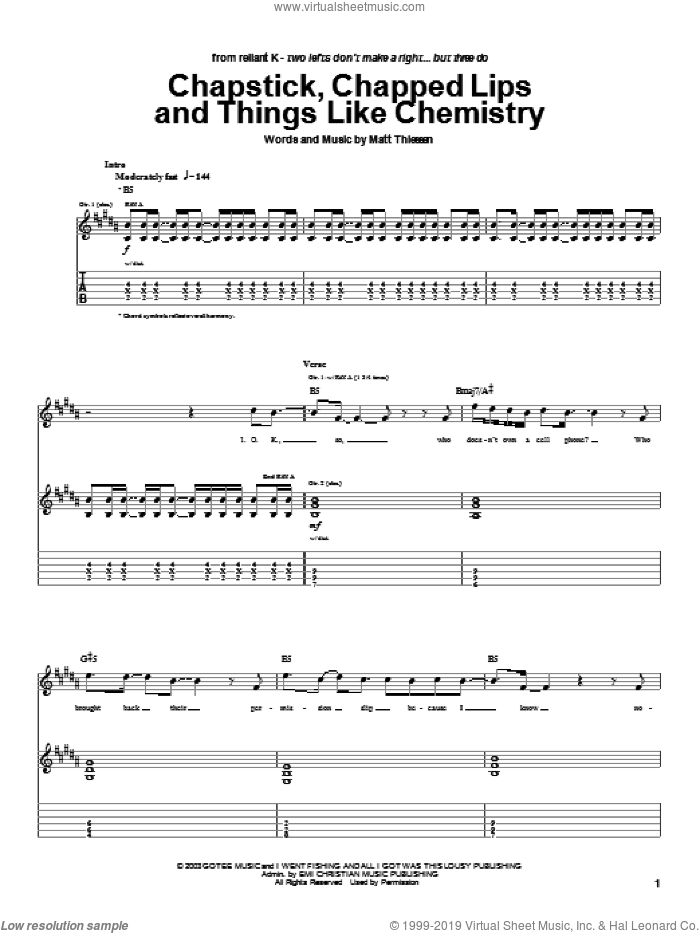 Chapstick, Chapped Lips And Things Like Chemistry sheet music for guitar (tablature) by Relient K and Matt Theissen, intermediate skill level
