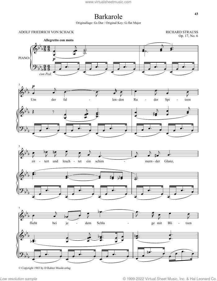 Barkarole (Low Voice) sheet music for voice and piano (Low Voice) by Richard Strauss and Adolf Friedrich von Schack, classical score, intermediate skill level