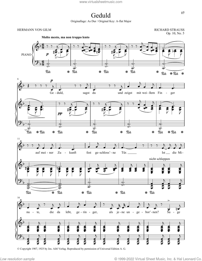 Geduld (Low Voice) sheet music for voice and piano (Low Voice) by Richard Strauss and Hermann von Gilm, classical score, intermediate skill level