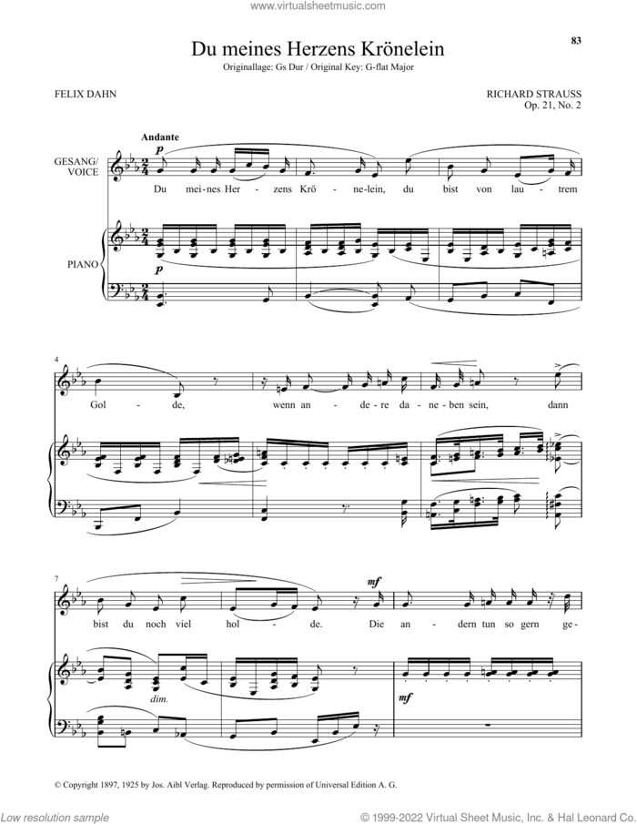 Du Meines Herzens Kronelein (Low Voice) sheet music for voice and piano (Low Voice) by Richard Strauss and Felix Dahn, classical score, intermediate skill level
