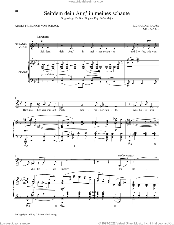Seitdem Dein Aug' In Meines Schaute (Low Voice) sheet music for voice and piano (Low Voice) by Richard Strauss and Adolf Friedrich von Schack, classical score, intermediate skill level