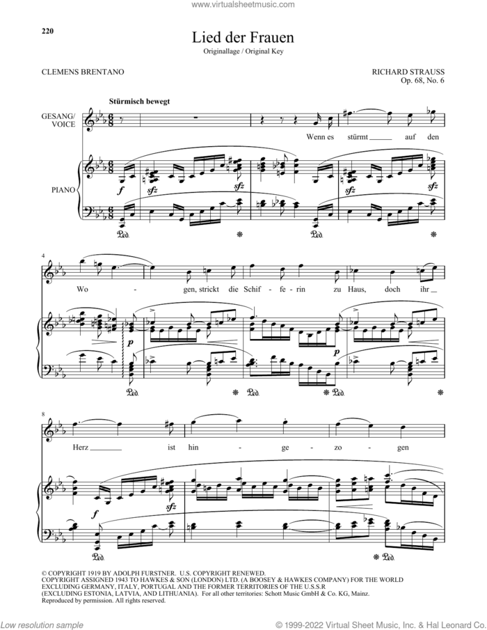 Lied Der Frauen (High Voice) sheet music for voice and piano (High Voice) by Richard Strauss and Clemens Brentano, classical score, intermediate skill level