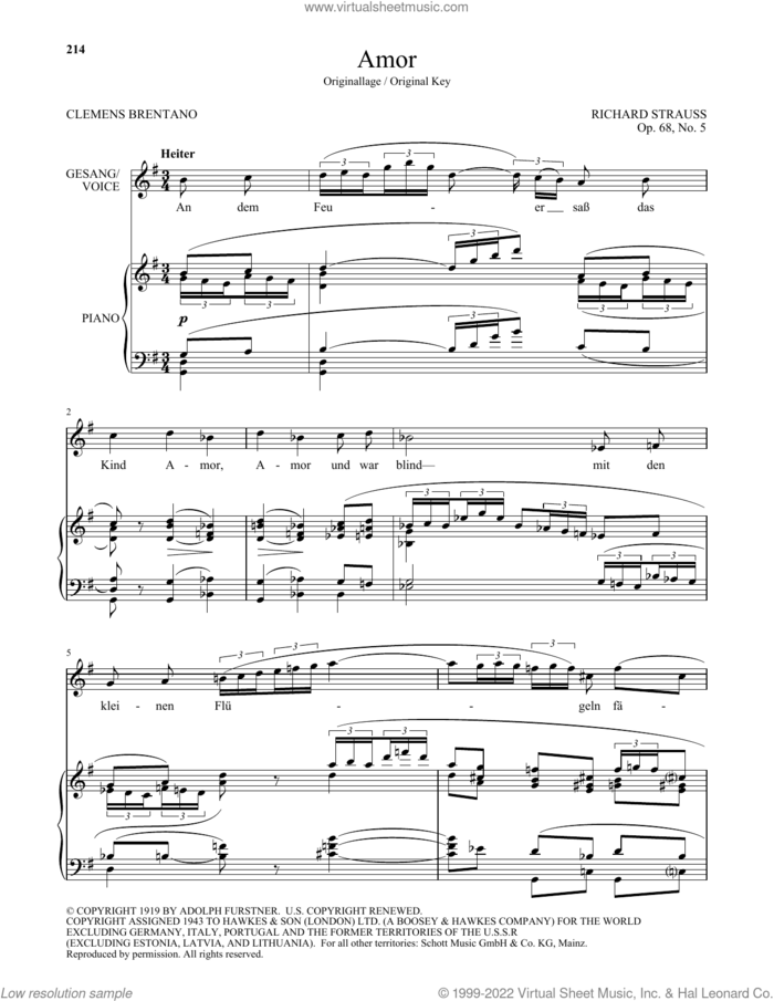 Amor (High Voice) sheet music for voice and piano (High Voice) by Richard Strauss and Clemens Brentano, classical score, intermediate skill level