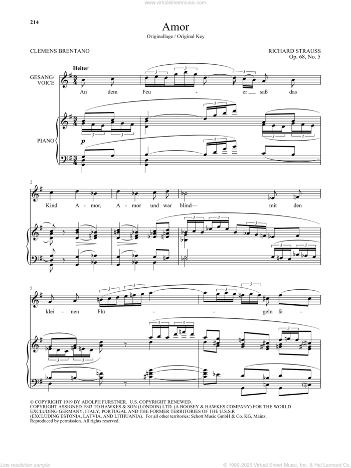 Amor (High Voice) sheet music for voice and piano (High Voice) by Richard Strauss and Clemens Brentano, classical score, intermediate skill level