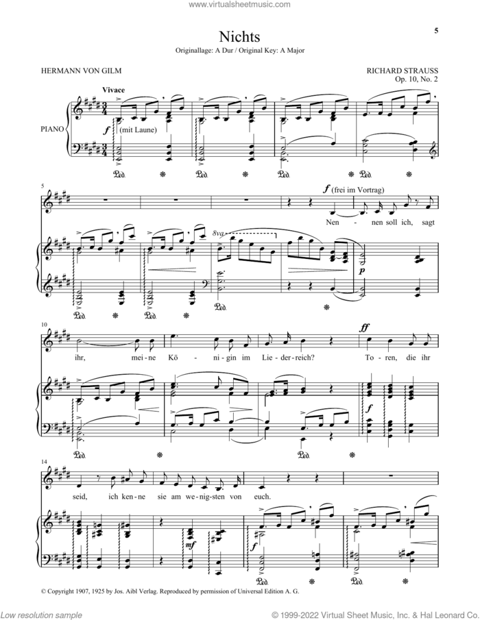 Nichts (Low Voice) sheet music for voice and piano (Low Voice) by Richard Strauss and Hermann von Gilm, classical score, intermediate skill level