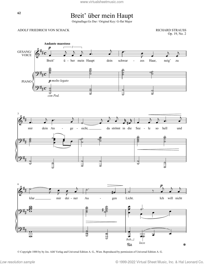 Breit' Uber Mein Haupt (Low Voice) sheet music for voice and piano (Low Voice) by Richard Strauss and Adolf Friedrich von Schack, classical score, intermediate skill level