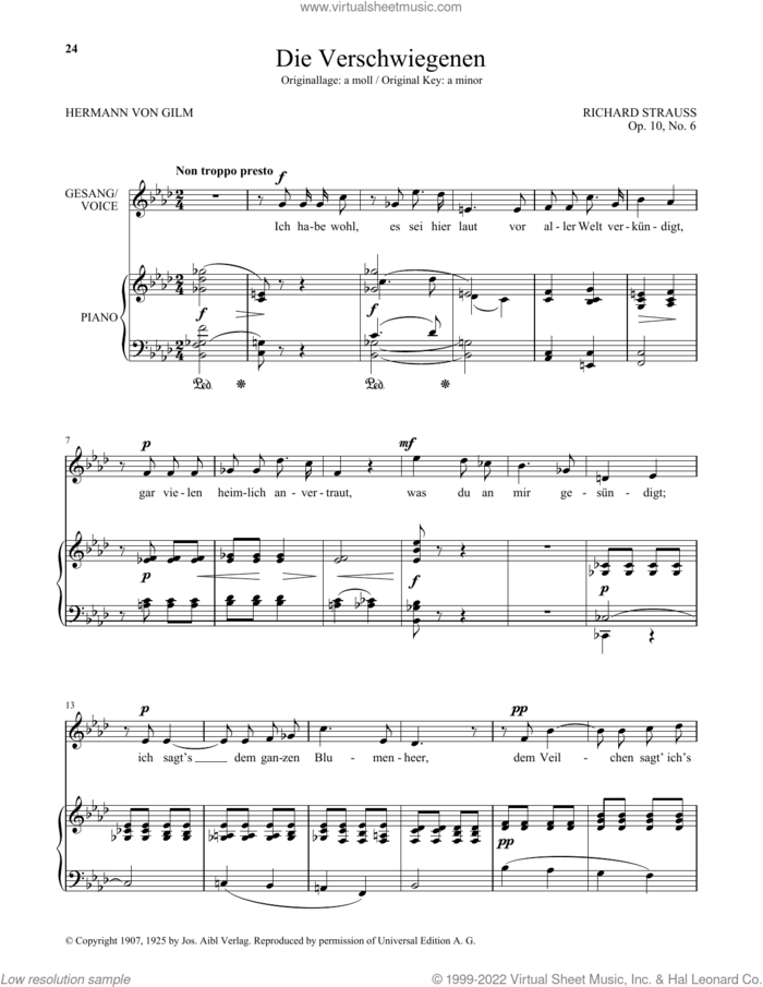 Die Verschwiegenen (Low Voice) sheet music for voice and piano (Low Voice) by Richard Strauss and Hermann von Gilm, classical score, intermediate skill level