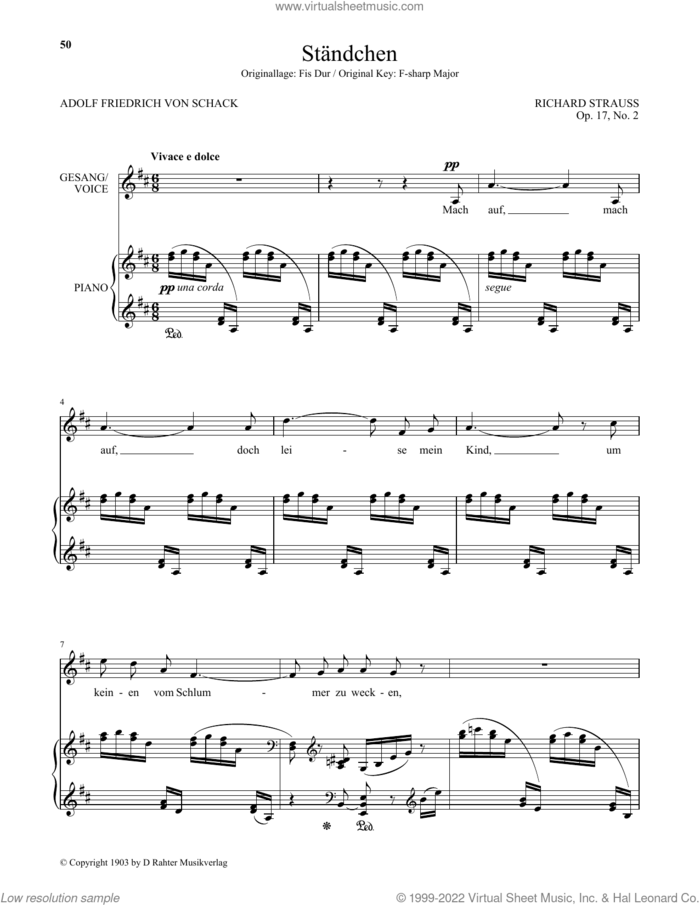 Standchen (Low Voice) sheet music for voice and piano (Low Voice) by Richard Strauss and Adolf Friedrich von Schack, classical score, intermediate skill level