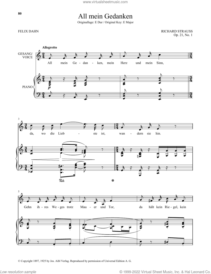 All Mein Gedanken (Low Voice) sheet music for voice and piano (Low Voice) by Richard Strauss and Felix Dahn, classical score, intermediate skill level
