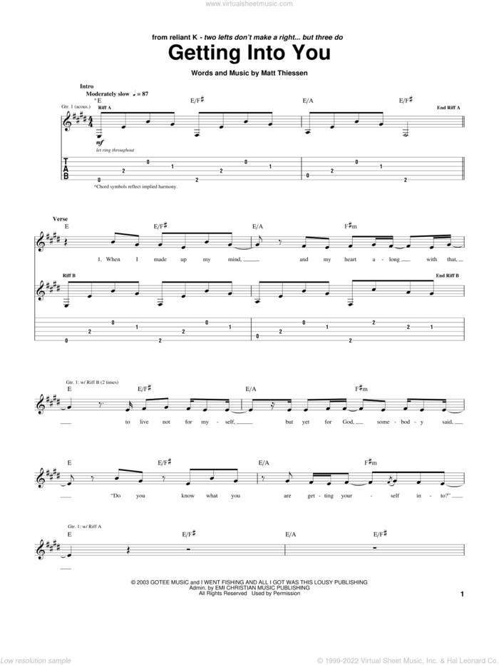Getting Into You sheet music for guitar (tablature) by Relient K and Matt Theissen, intermediate skill level