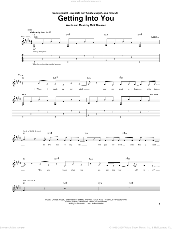 Getting Into You sheet music for guitar (tablature) by Relient K and Matt Theissen, intermediate skill level