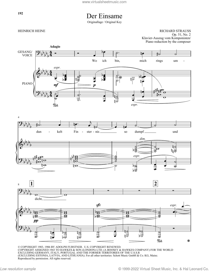 Der Einsame (Low Voice) sheet music for voice and piano (Low Voice) by Richard Strauss and Heinrich Heine, classical score, intermediate skill level