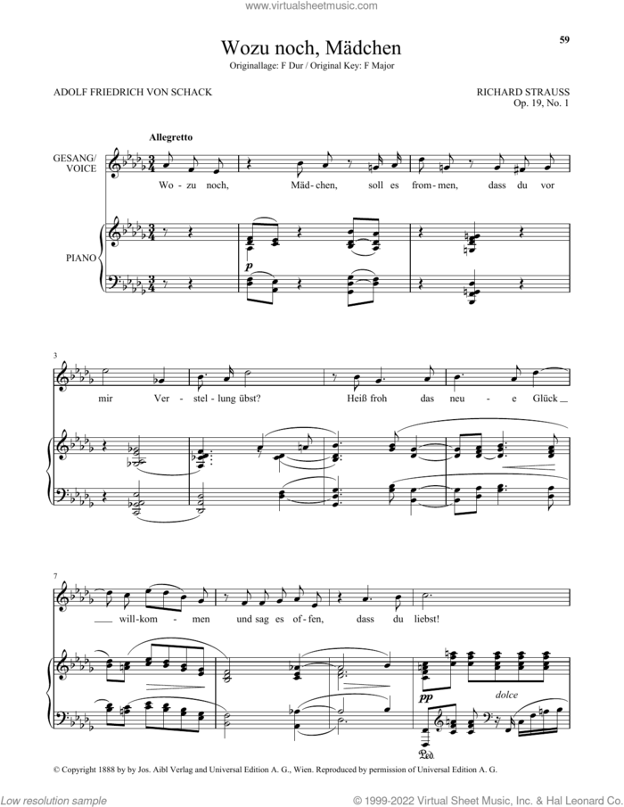 Wozu Noch, Madchen (Low Voice) sheet music for voice and piano (Low Voice) by Richard Strauss and Adolf Friedrich von Schack, classical score, intermediate skill level