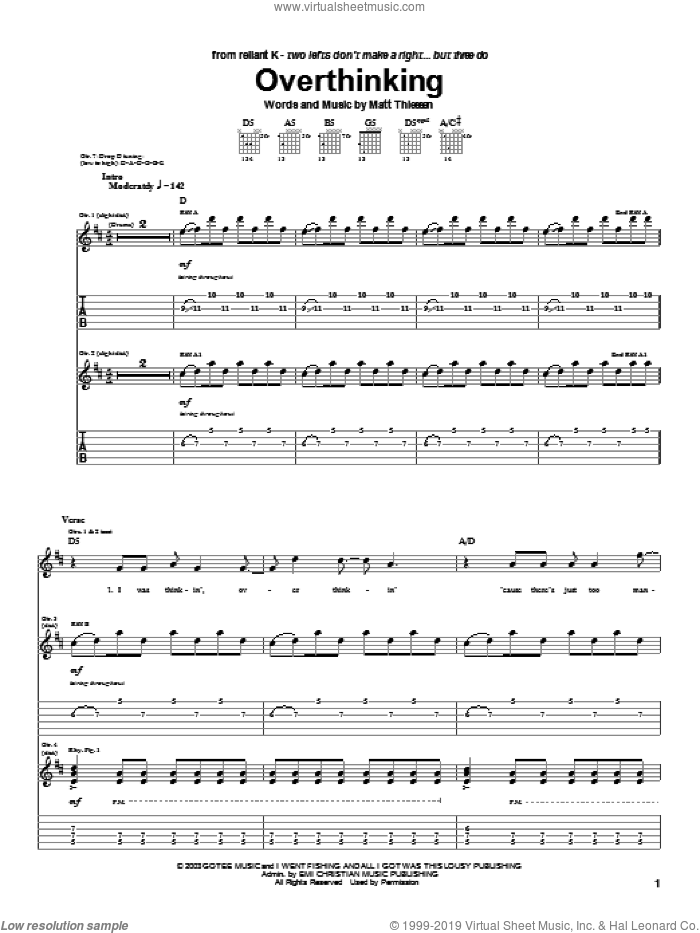 Overthinking sheet music for guitar (tablature) by Relient K and Matt Theissen, intermediate skill level