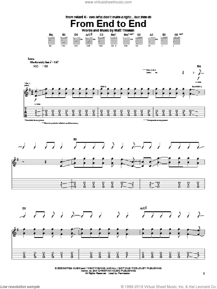 From End To End sheet music for guitar (tablature) by Relient K and Matt Theissen, intermediate skill level