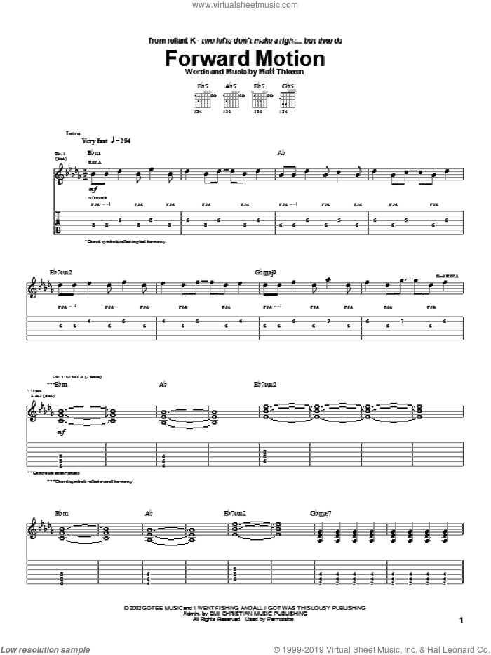 Forward Motion sheet music for guitar (tablature) by Relient K and Matt Theissen, intermediate skill level