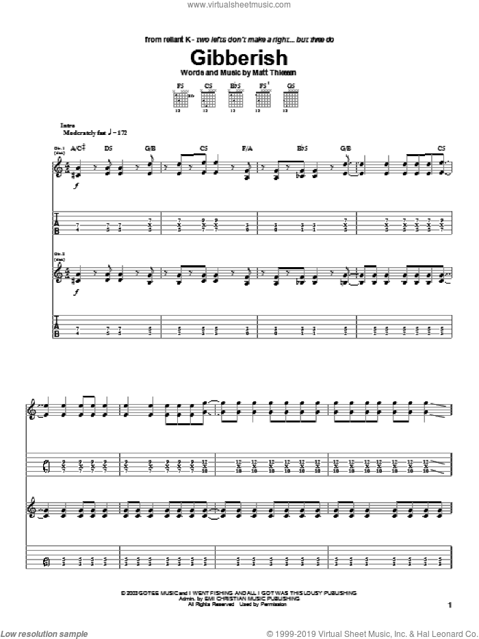 Gibberish sheet music for guitar (tablature) by Relient K and Matt Theissen, intermediate skill level