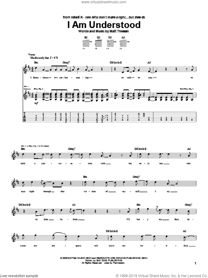 I Am Understood sheet music for guitar (tablature) by Relient K and Matt Theissen, intermediate skill level
