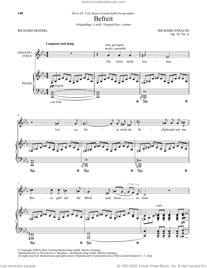 Befreit (Low Voice) sheet music for voice and piano (Low Voice) by Richard Strauss and Richard Dehmel, classical score, intermediate skill level