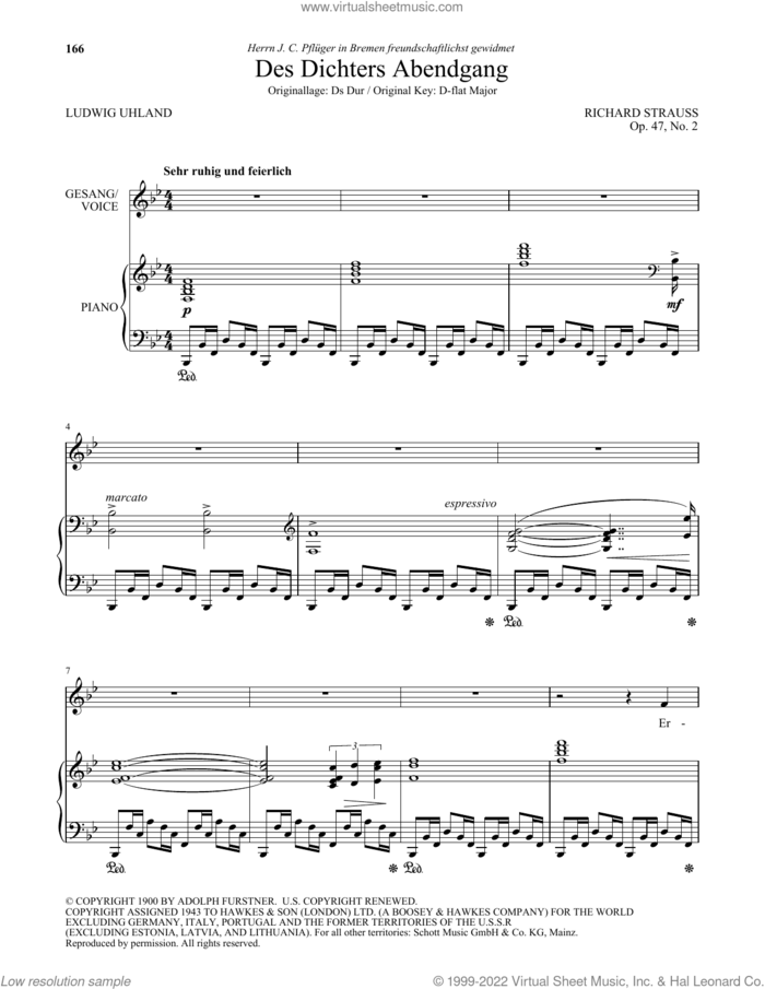 Des Dichters Abendgang (Low Voice) sheet music for voice and piano (Low Voice) by Richard Strauss and Ludwig Uhland, classical score, intermediate skill level