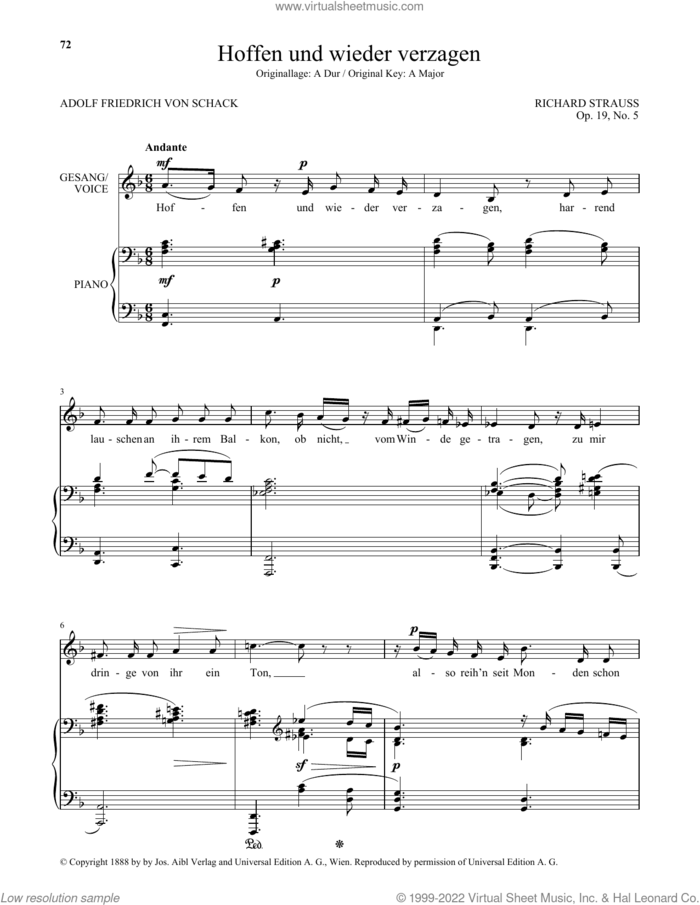 Hoffen Und Wieder Verzagen (Low Voice) sheet music for voice and piano (Low Voice) by Richard Strauss and Adolf Friedrich von Schack, classical score, intermediate skill level