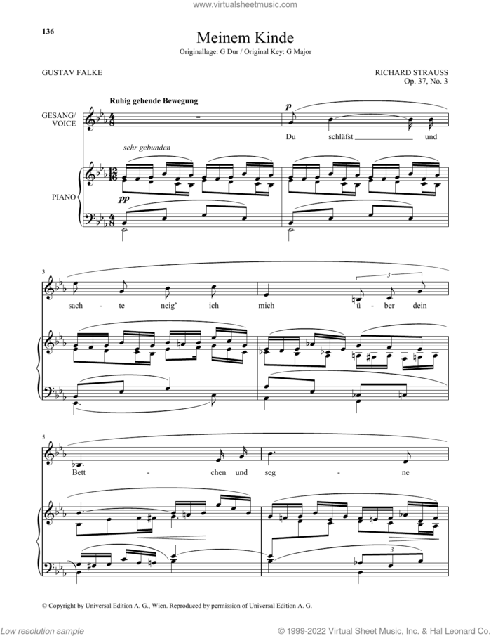 Meinem Kinde (Low Voice) sheet music for voice and piano (Low Voice) by Richard Strauss and Gustav Falke, classical score, intermediate skill level