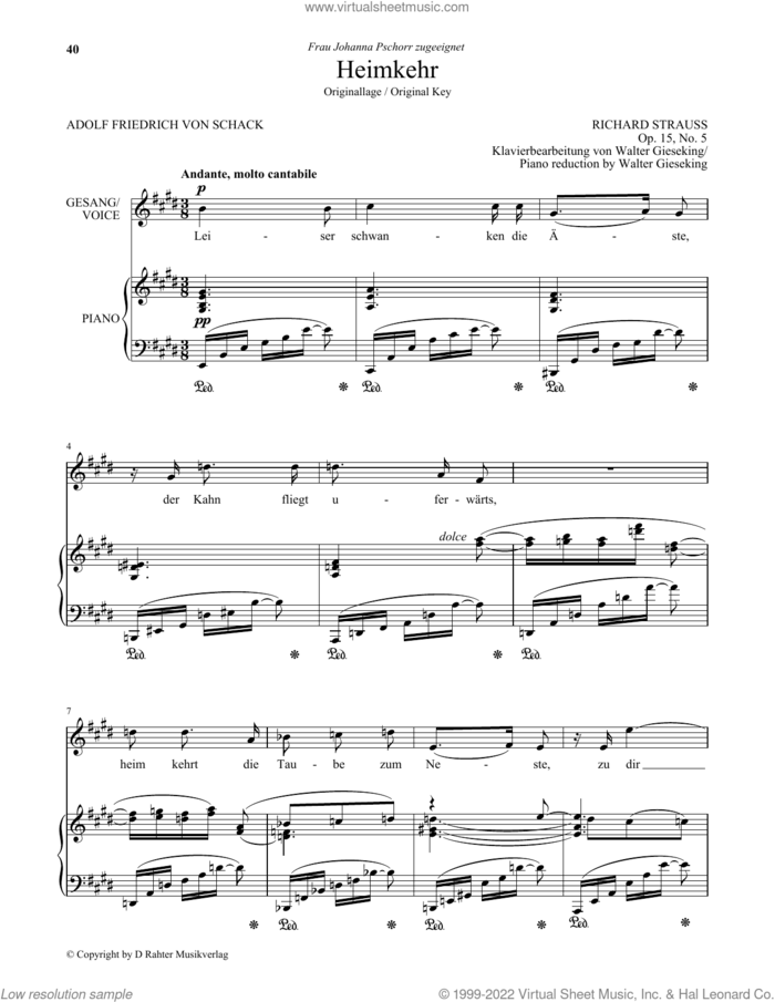 Heimkehr (Low Voice) sheet music for voice and piano (Low Voice) by Richard Strauss and Adolph Friedrich von Schack, classical score, intermediate skill level