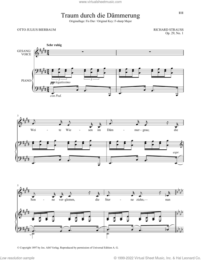 Traum Durch Die Dammerung (Low Voice) sheet music for voice and piano (Low Voice) by Richard Strauss and Otto Julius Bierbaum, classical score, intermediate skill level