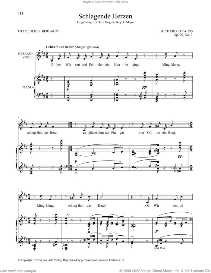 Schlagende Herzen (Low Voice) sheet music for voice and piano (Low Voice) by Richard Strauss and Otto Julius Bierbaum, classical score, intermediate skill level
