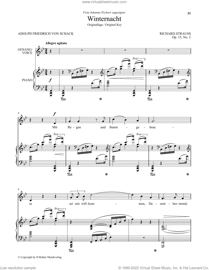 Winternacht (Low Voice) sheet music for voice and piano (Low Voice) by Richard Strauss and Adolph Friedrich von Schack, classical score, intermediate skill level