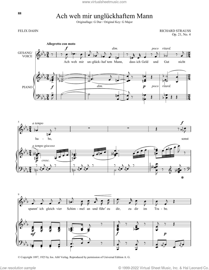 Ach Weh Mir Ungluckhaftem Mann (Low Voice) sheet music for voice and piano (Low Voice) by Richard Strauss and Felix Dahn, classical score, intermediate skill level